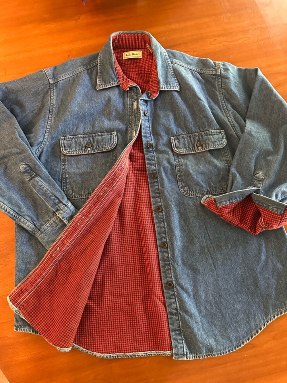 Vintage L.L. Bean Blue Denim Shirt Jacket with Red Check Flannel Lining Large - Picture 5 of 6